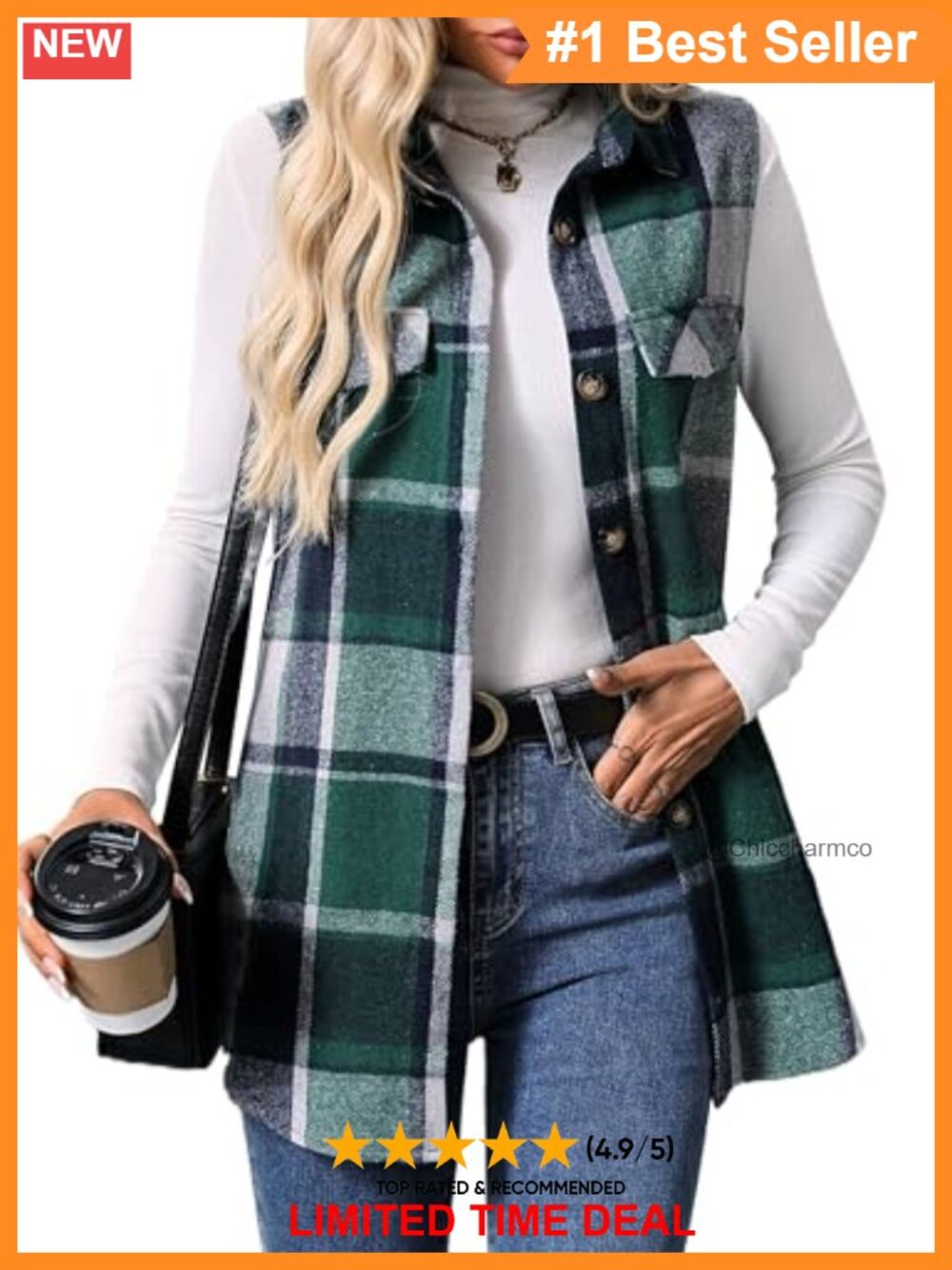 Womens Plaid Sleeveless Button Down Long Vest Casual Fall Outerwear